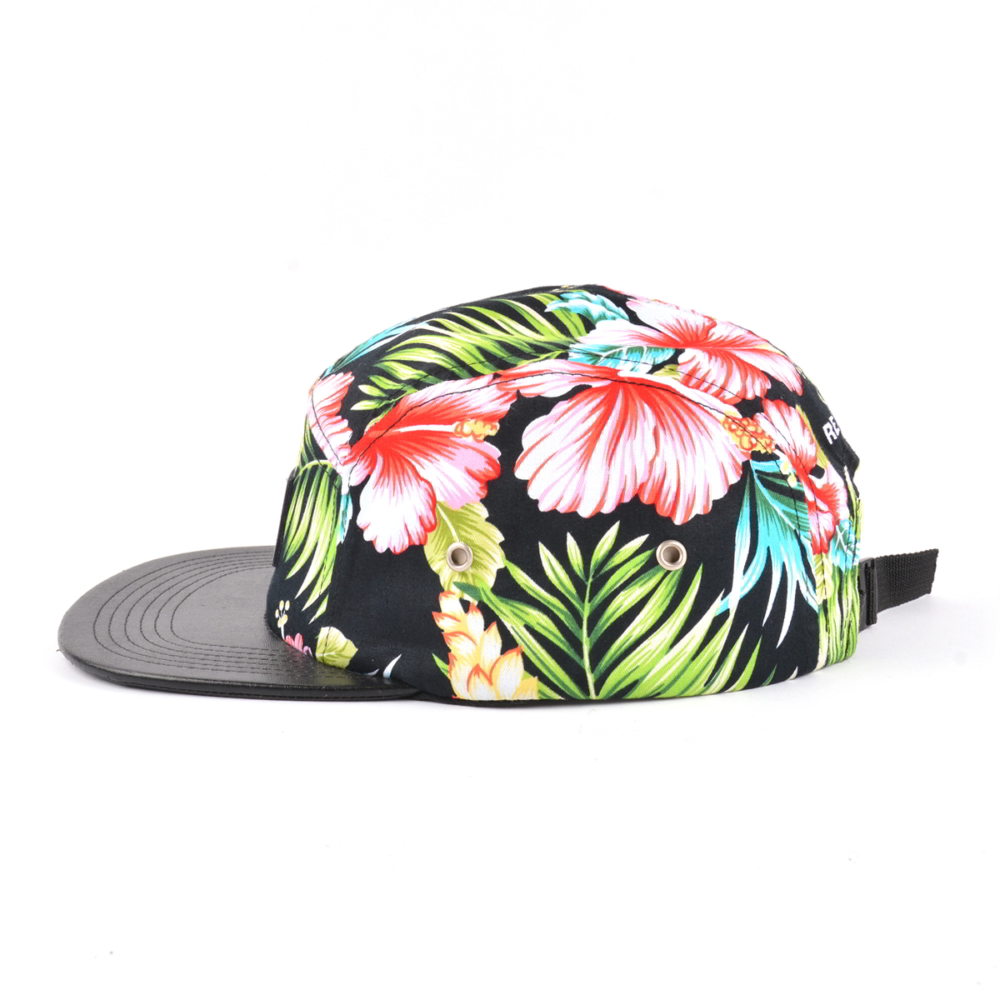 leather patch leather brim printing 5 panels hats