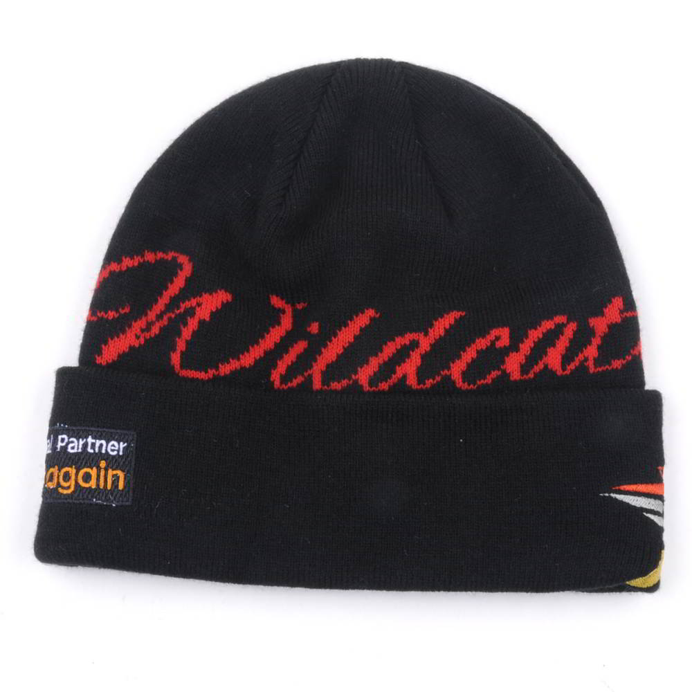 embroidery logo black jacquard cuffed winter beanies custom