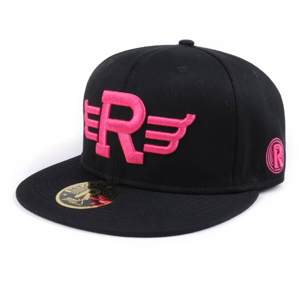 Puff Embroidery Black Flat Brim Black Snapback Caps