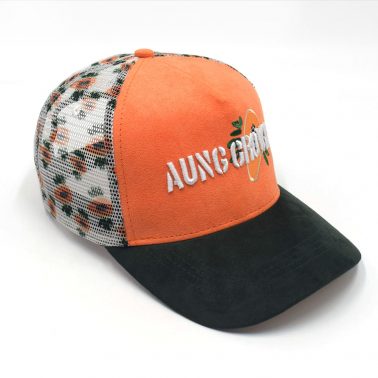 aungcrown logo 5 panels suede printing mesh trucker hats