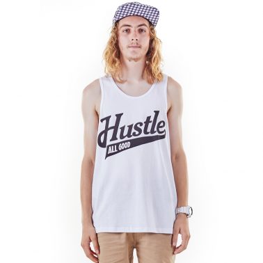White loose graphic hustle tank top for men-1