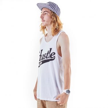 White loose graphic hustle tank top for men-1