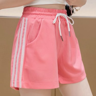 Pink elastic striped women athletic shorts in summer-1