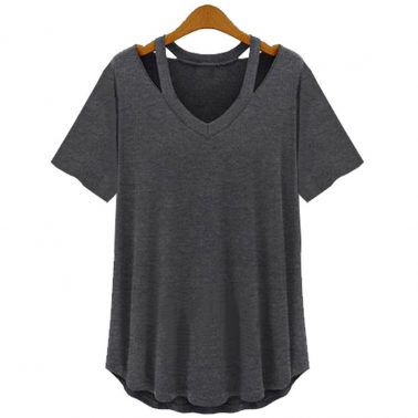 Women's curved hem sexy cold shoulder casual t shirt -2