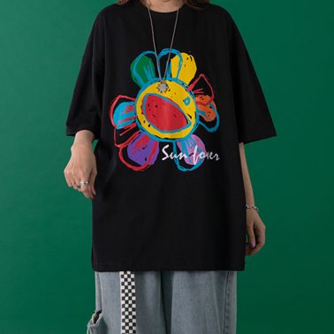 women’s sun flower graphic printed oversized t shirt-2