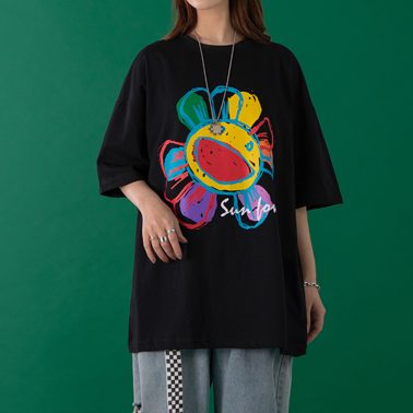 women’s sun flower graphic printed oversized t shirt-2