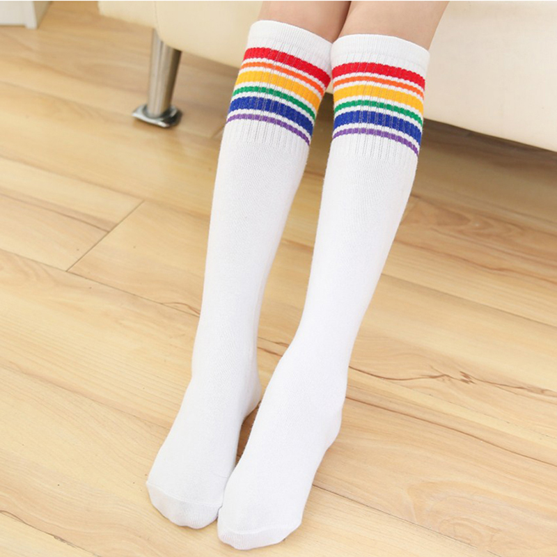 Classic white and colorful striped crew socks for women