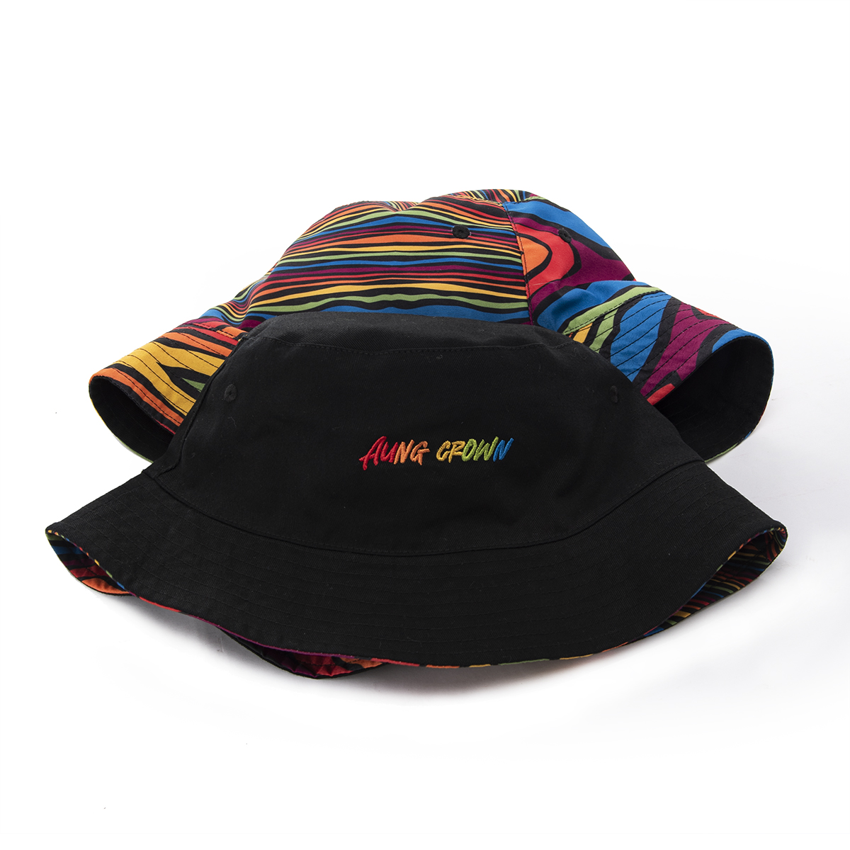 AungCrown pattern print reversible wide brim bucket hat with embroidery logo