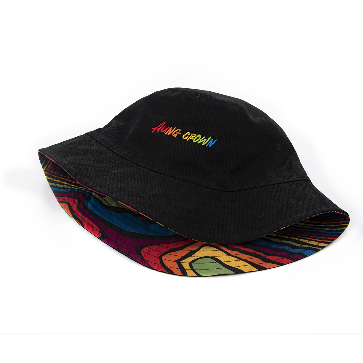 AungCrown pattern print reversible wide brim bucket hat with embroidery logo